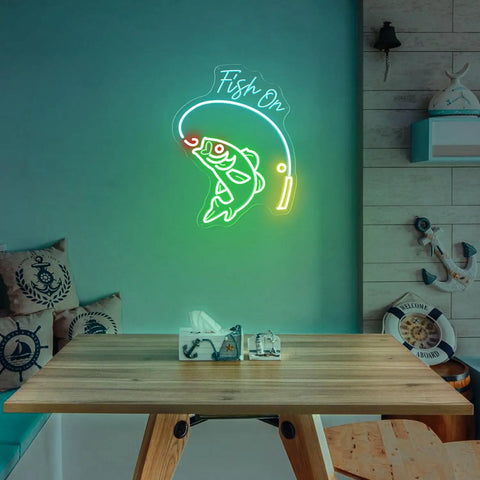Neon Fishing Sign With Green Fish And Ice Blue Lemon Rods USB Powered Acrylic Wall Art for living room decor