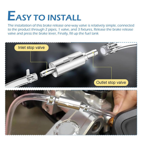 Installed view of two-piece silver brake bleeder hose kit with one-way valve and clamps for car or motorcycle braking system