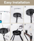 Installation steps for Black Wagon Wheel Light With Eight Lights Rustic Farmhouse Style Ceiling Pendant Outdoor Porch Lantern Durable Weatherproof LED Fixture For Patio Deck Or Garden