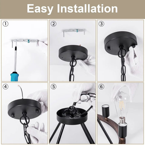 Installation steps for Black Wagon Wheel Light With Eight Lights Rustic Farmhouse Style Ceiling Pendant Outdoor Porch Lantern Durable Weatherproof LED Fixture For Patio Deck Or Garden