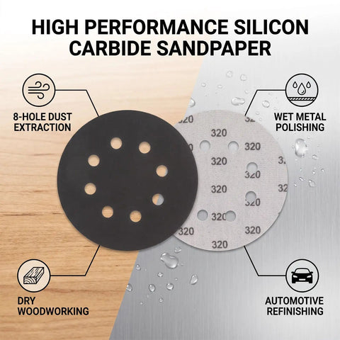 Get A-Grade Silicon Carbide Hook And Loop Sanding Discs With 8 Holes For Fast Wood And Metal Grinding, Includes 200 Pieces Of Durable 5-Inch Pads. Close-up of 5-inch sandpaper discs ideal for dry woodworking and wet polishing.