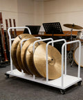 Heavy Duty Rolling Carton Stand With Adjustable Divider Slots And Smooth Lockable Wheels Solid Iron Flatbed Storage Cart Built For Warehouse Grind Or Workday Hustle White holding cymbals in music studio.