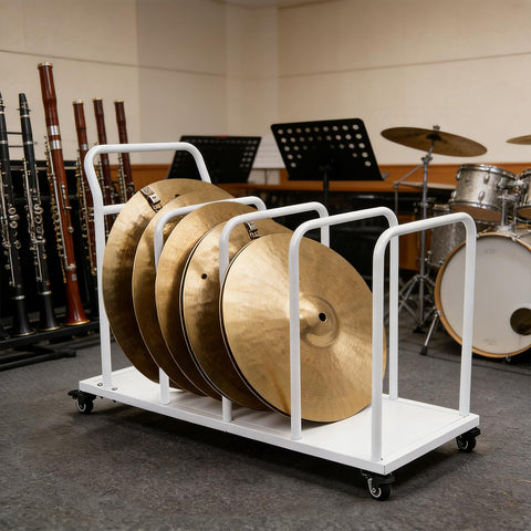 Heavy Duty Rolling Carton Stand With Adjustable Divider Slots And Smooth Lockable Wheels Solid Iron Flatbed Storage Cart Built For Warehouse Grind Or Workday Hustle White holding cymbals in music studio.