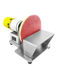 Rip Through Mini Electric Belt Sander And Abrasive Disc Grinding Machine With Seven Speed Control, stainless steel chassis close-up.