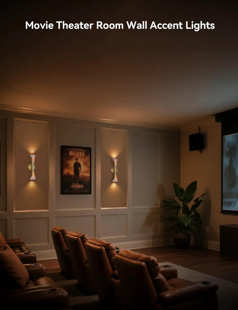 Gold Movie Theater Style Wall Sconce With Up And Down Lighting Dimmable in a cozy home theater room.