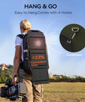 Person with backpack using Portable 30W Foldable Solar Panel Charger With Twenty Three Percent Efficient Cells QC 3.0 USB And DC Outputs