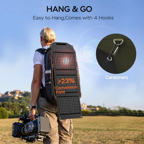 Person with backpack using Portable 30W Foldable Solar Panel Charger With Twenty Three Percent Efficient Cells QC 3.0 USB And DC Outputs