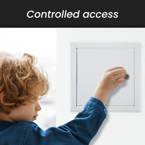 Child using the lock mechanism on Rock Solid 12 x 12 Inches White Galvanized Steel Access Panel For Drywall.