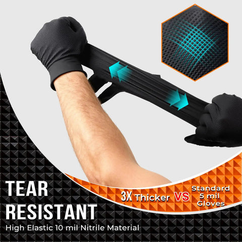 Heavy Duty 10 Mil Nitrile Gloves With Raised Diamond Texture Latex Free Powder Free Extra Strong Chemical Resistant For Mechanics Auto Repair And Industrial Work Built Tough As Nails For Heavy Duty Jobs being stretched by two hands