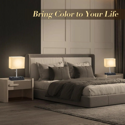 Bedroom with two RGB Smart Table Lamps With Remote Control Alexa Voice And App Control Music Sync Dimmable Nightstand Lamp With Charging Station.