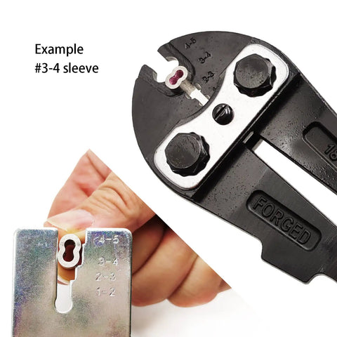 Close-up of 4 Slot Crimping Swaging Tool Kit for Heavy Duty High Tensile Wires and Cables with hand crimper and sleeve example.