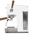Side view of the Dual Thermoblock Espresso Machine With PID Programmable Volumetric Control Walnut Joystick Steam Wand 120V White Finish.
