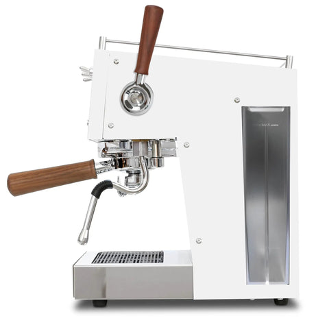 Side view of the Dual Thermoblock Espresso Machine With PID Programmable Volumetric Control Walnut Joystick Steam Wand 120V White Finish.