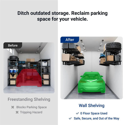 Comparison of freestanding vs. wall shelving with a Heavy Duty Garage Wall Mount Shelving Unit 2 By 3 Feet Black 1 Pack Holds Up To 200 Lbs For Easy Organization And Storage Bins Classic Series Durable Steel Construction Easy Install Space Saving Garage Storage Solution