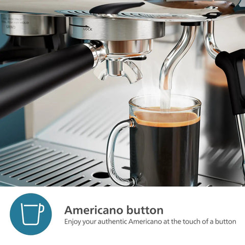 Semi Automatic Espresso Machine With Drip Free Barista Creations brewing Americano into glass cup with one touch button.