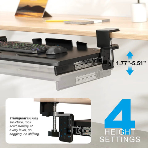 Under Desk Keyboard Tray With 60 Degree Swivel Clamp And Height Adjustment For Corner Desks, 25.6 By 11.8 Inch Slide Out Keyboard Mouse Platform
