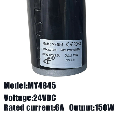 Label on 24V High Power Ride On Motor Gearbox With 5000RPM Output For Kids, showing model MY4845 and specs 24VDC, 150W, 6A output.