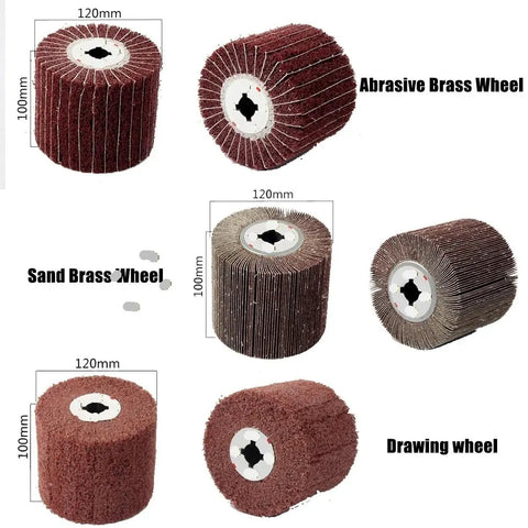 Heavy Duty 3-Pc Nylon Wire Polishing Wheel Set For Metal Grinding With 60 To 320 Grit Abrasive Cloth Pads showing various styles.