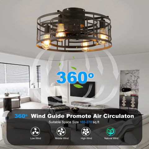 19.68 Inch Caged Ceiling Fan With Lights For Bedroom And Kitchen, displayed in modern living room with airflow features