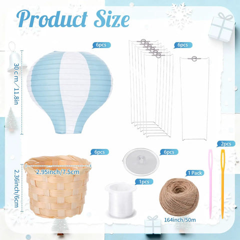 Blue White 6 Pack Hanging Hot Air Balloon Paper Lanterns Set with baskets, twine, fishing line, and hooks