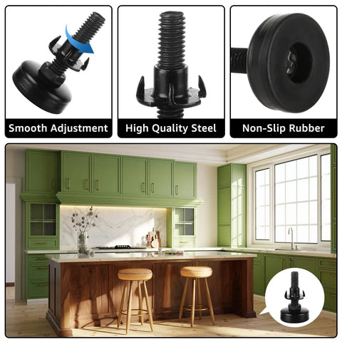 20 Pack Adjustable Furniture Leveling Feet Three Eighths Inch 16 Thread Heavy Duty Table Leg Levelers shown in kitchen setup