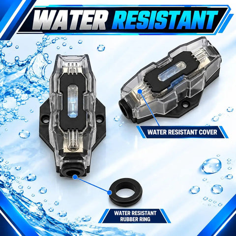 Heavy Duty 60 Amp Mini ANL Fuse Holder With 0 2 And 4 Gauge Wire Setup showing water resistant cover and rubber ring.