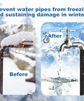 Insulating Foam Pipe Covers For Outdoor And Indoor Water Lines, Heavy Duty Foam Tube Insulation For Freeze Protection, Fits Three Quarter Inch Pipes, 12 Pack, Easy Slip On Outdoor Water Pipe Sleeve showing before and after freeze protection.