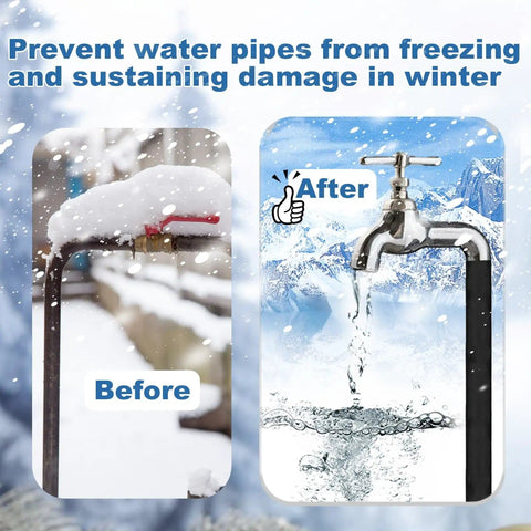 Insulating Foam Pipe Covers For Outdoor And Indoor Water Lines, Heavy Duty Foam Tube Insulation For Freeze Protection, Fits Three Quarter Inch Pipes, 12 Pack, Easy Slip On Outdoor Water Pipe Sleeve showing before and after freeze protection.