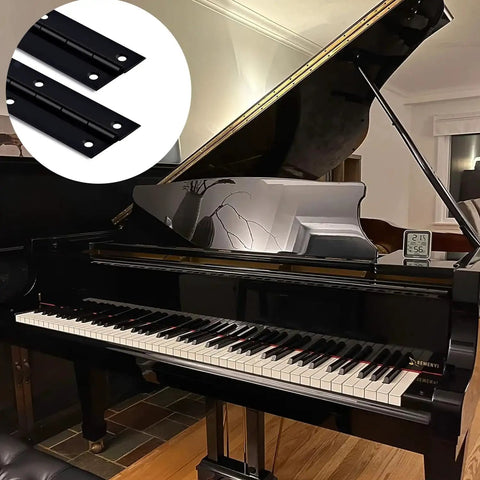 Two Pack Heavy Duty Black Piano Hinges 36 Inch Long By 2 Inch Open Width, Stainless Steel Continuous Hinge next to a grand piano