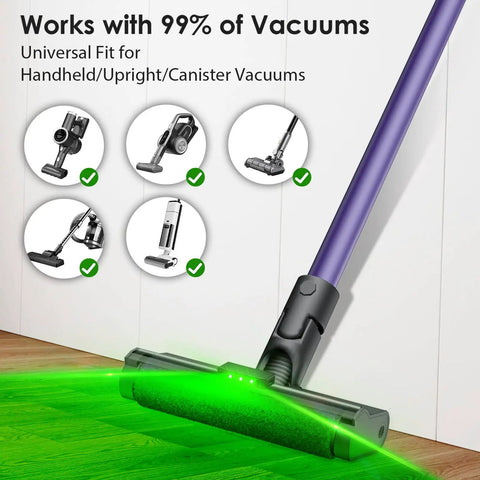 Ultra Wide Vacuum Dust Display Light With Auto Start Stop Center Mounted Reveals Hidden Dust And Pet Hair Works With Dyson And All Vacuums USB C Rechargeable Easy Setup Totally Handy For Cleaning showing compatibility with various vacuum models.
