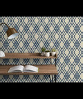 Premium Navy Trellis Wallpaper With Snazzy Linen Weave Hella Durable Polyester Surface Sweet For Kitchens Bathrooms And Commercial Lobbies Straight Paste To Paper Setup Reliable Type Two Finish covering a modern desk setup.