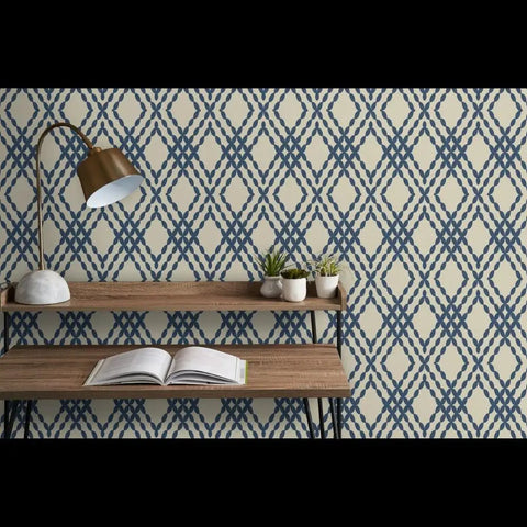 Premium Navy Trellis Wallpaper With Snazzy Linen Weave Hella Durable Polyester Surface Sweet For Kitchens Bathrooms And Commercial Lobbies Straight Paste To Paper Setup Reliable Type Two Finish covering a modern desk setup.