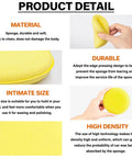 Pro Grade Foam Car Wax Applicator Pad Set 4 Inch Round Detailing Sponges High Density Foam Debris Free Durable Rebound Perfect For Wax Polish Sealant And Ceramic Coatings 24 Pack Yellow, close-up of sponge material, and hand holding one pad showing durability and density.