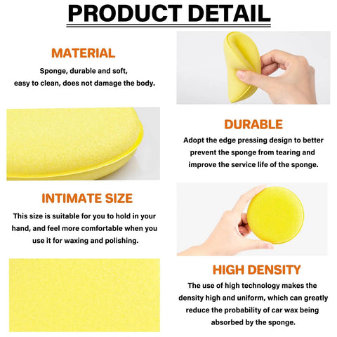 Pro Grade Foam Car Wax Applicator Pad Set 4 Inch Round Detailing Sponges High Density Foam Debris Free Durable Rebound Perfect For Wax Polish Sealant And Ceramic Coatings 24 Pack Yellow, close-up of sponge material, and hand holding one pad showing durability and density.