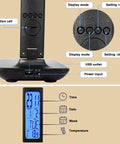 Detailed view of controls, USB outlet, power input, and digital clock on All In One LED Desk Lamp With Wireless Charger For Home Or Office