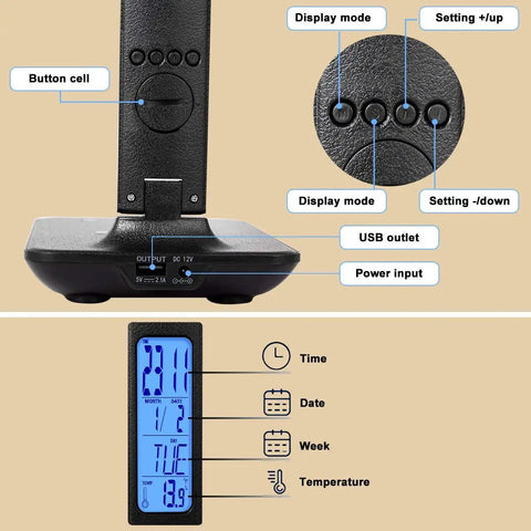 Detailed view of controls, USB outlet, power input, and digital clock on All In One LED Desk Lamp With Wireless Charger For Home Or Office