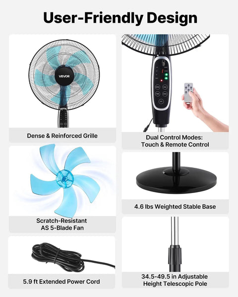 Diagram of 18 Inch Pedestal Fan With Remote Control And Killer Airflow 9 Speed Settings 3 Modes Oscillating Adjustable Height Quiet DC Motor