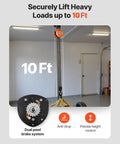 Hand chain hoist, orange, hanging from ceiling with metal chain; inset shows dual-pawl brake mechanism.