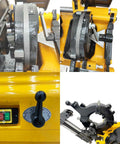Built Tough Electric Pipe Threader Machine close-up of threading dies and controls for 1/2 to 3 inch NPT BSPT sizes.