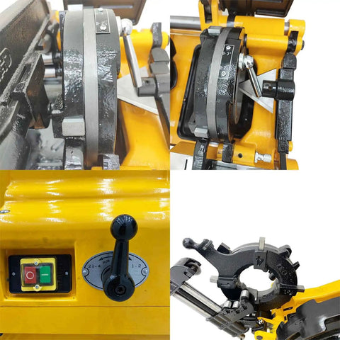 Built Tough Electric Pipe Threader Machine close-up of threading dies and controls for 1/2 to 3 inch NPT BSPT sizes.