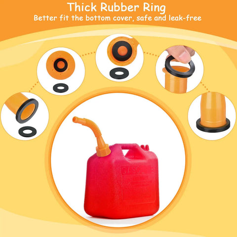 12 Pack Gas Can Spout Replacement Kit With Bendable Nozzle Screw Collar Caps Gasket Stoppers And Vent Caps For Most Oil Gas Water Cans Orange For Home Use, shown with thick rubber ring components and a red fuel container.
