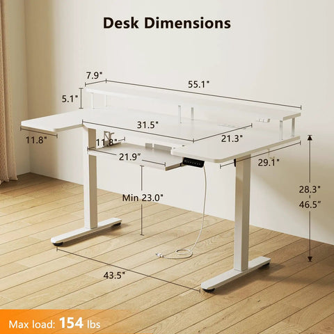 Dimensions of U Shaped Electric Standing Desk With Keyboard Tray And Monitor Stand, 55 Inch Adjustable Sit Stand Table.