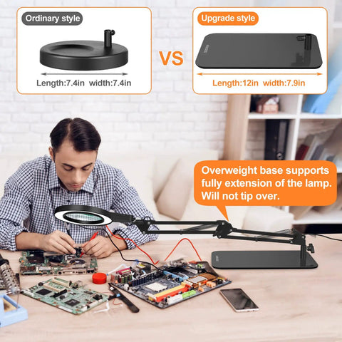 Man using 8X Real Glass Magnifying Glass With Light And Stand 2 In 1 Desk Lamp And Clamp for electronics repair on desk