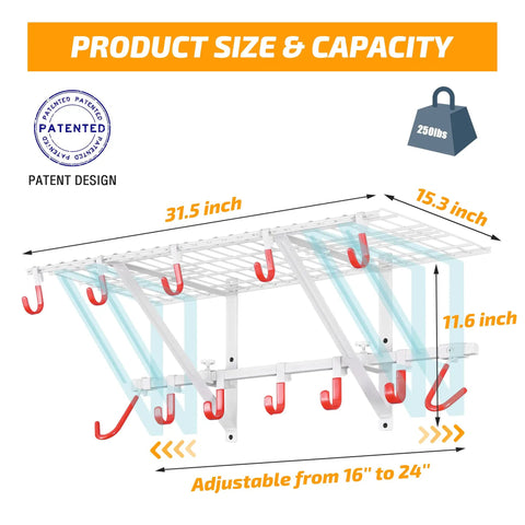 Heavy Duty Garage Wall Shelf And Bike Rack With Adjustable Hooks Wall Mounted Storage Organizer For Tools Bikes And Gear Must Have Built To Last 280 Lb Load Capacity Two Pack Bundle, dimensions and capacity chart.