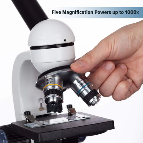 Cordless All Metal Student Microscope With 40X-1000X LED Illumination, 360 Degree Rotatable Monocular, hand adjusting lenses