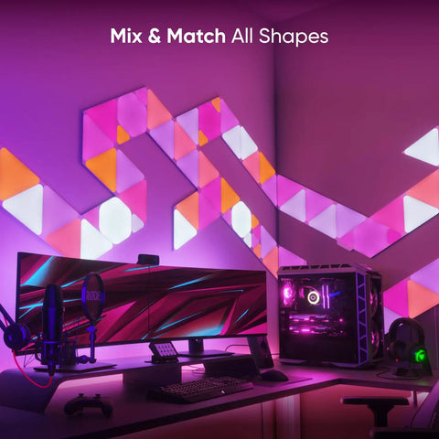 Shapes Triangles And Mini Triangles Smart RGBW LED Wall Lights Kit With WiFi And Thread Dimmable Ambience in gaming room
