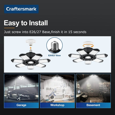 Heavy Duty 300W LED Garage Ceiling Lights With Adjustable Panels, 30000LM High Bay Output installation guide, 2 pack
