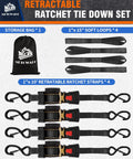 Heavy Duty Retractable Ratchet Straps 4 Pack One Inch By Ten Feet Black Cargo Tie Downs with padded hooks and soft loops.