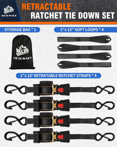 Heavy Duty Retractable Ratchet Straps 4 Pack One Inch By Ten Feet Black Cargo Tie Downs with padded hooks and soft loops.