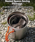Ultralight Titanium Camping Cookware Set With 420ml And 750ml Pots Lid And Spork 4 In 1 Backpacking Pot nested on rocky ground